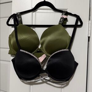Victoria's Secret Black Rhinestone-Trim Push-Up Bra and green rhinestone push up